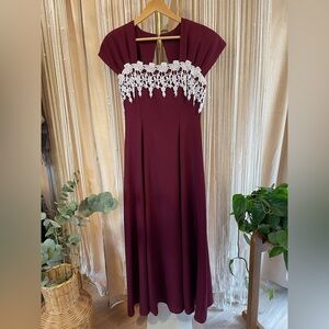 Vintage 1980s Burgundy Evening Gown with Lace and Bow Detail